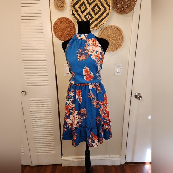 Blue Floral Sleeveless Mini Dress - Picture 4 of 12
